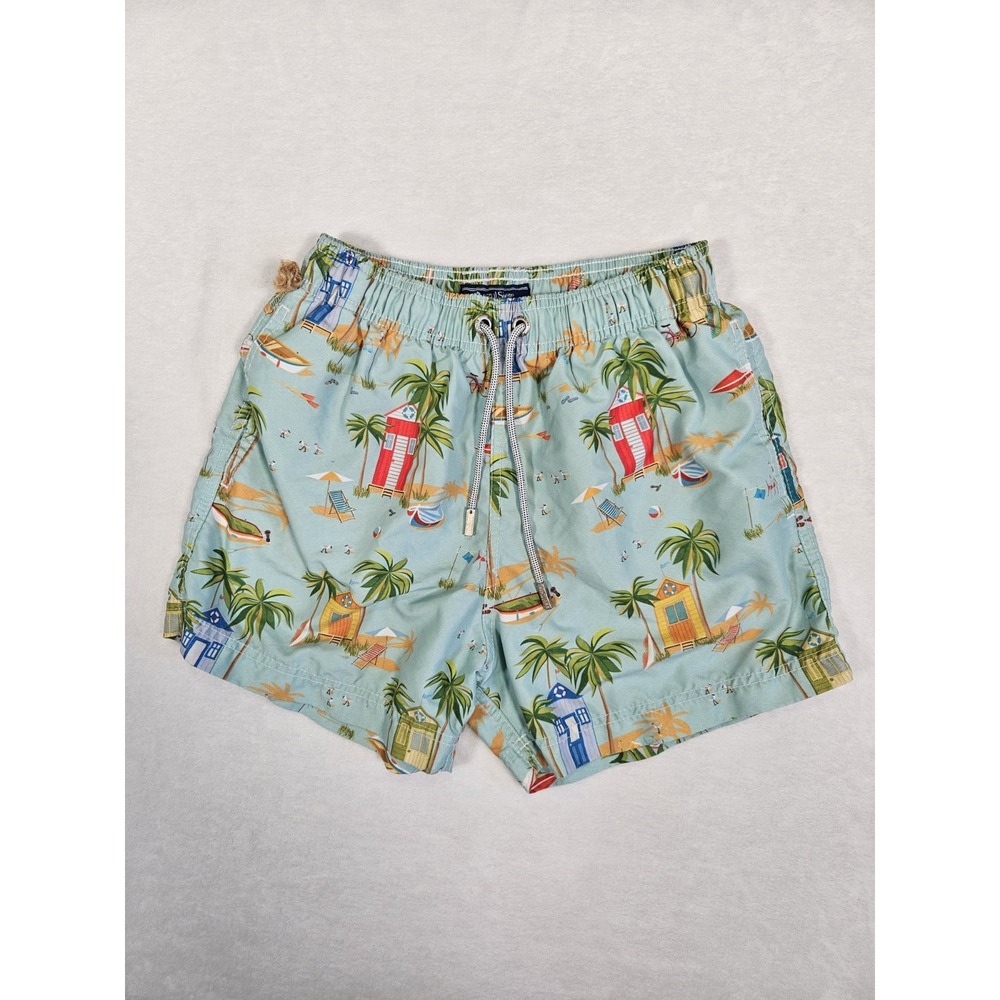 Azul Siete Men's Cyan Blue Print Swim Trunks Shorts Small S Palm‎ Tree Beach